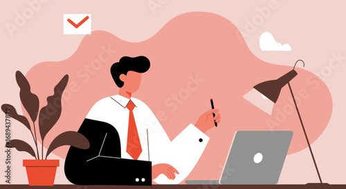 Professional businessman working diligently at his desk with a laptop and pen. Ideal for concepts of productivity, remote work, office tasks, and modern communication.