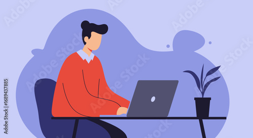 Illustration of a person working on a laptop at a desk, symbolizing remote work, online education, and digital productivity. Ideal for business and lifestyle concepts.
