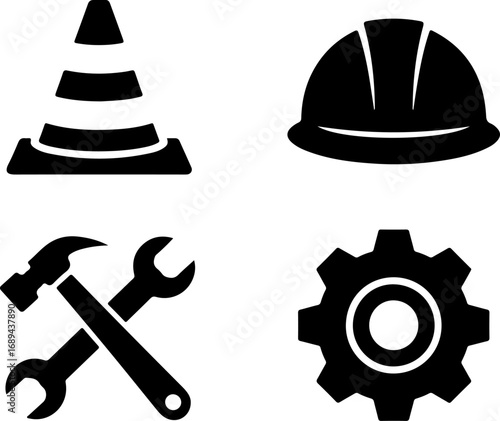 Construction Tools and Safety Gear Silhouettes – Hard Hat, Hammer, Wrench, Cone, and Gear