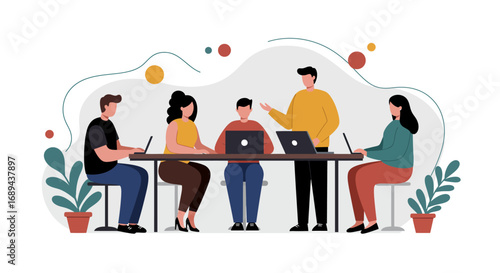 Diverse team collaborating in a modern office, engaged in a productive business meeting or creative workshop. Represents teamwork, innovation, and professional development.