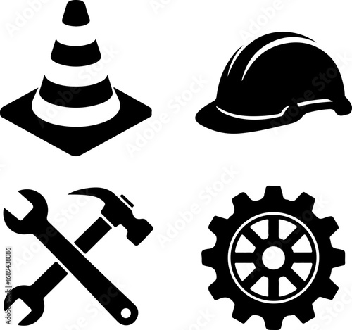 Construction Tools and Safety Gear Silhouettes – Hard Hat, Hammer, Wrench, Cone, and Gear