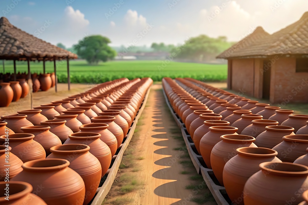 Naklejka premium Rows of terracotta pots in a sunny outdoor pottery workshop scene