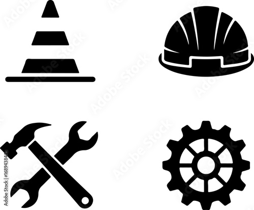 Construction Tools and Safety Gear Silhouettes – Hard Hat, Hammer, Wrench, Cone, and Gear