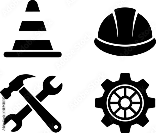 Construction Tools and Safety Gear Silhouettes – Hard Hat, Hammer, Wrench, Cone, and Gear