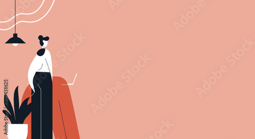 Modern minimalist illustration of a person working remotely with a laptop, ideal for business, technology, and lifestyle concepts.