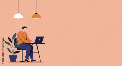 Man working remotely on a laptop in a modern home office setting with a plant and lamps. Ideal for themes of productivity, freelance work, and flexible lifestyle.
