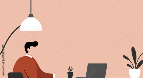 Minimalist illustration of a person focused on work or study at a modern home office desk with a laptop. Ideal for business, remote work, or online learning concepts.