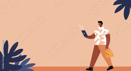 Modern man confidently walks and works on his laptop, carrying a bag. Represents remote work, digital nomad lifestyle, and productivity outdoors.