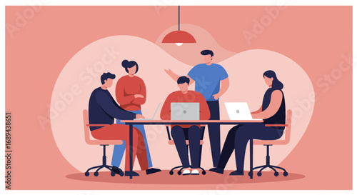 A diverse team collaborates around a table with laptops in a modern office, fostering teamwork, innovation, and productivity. Ideal for business, technology, and corporate concepts.