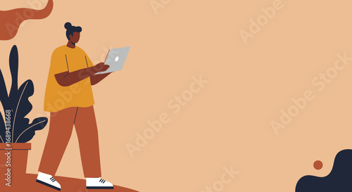 Modern person engaged in remote work or online learning, using a laptop in a casual, creative environment. Ideal for tech, business, and lifestyle concepts.
