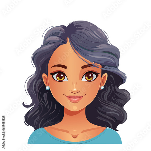Cartoon Woman Portrait Vector Illustration with Dark Curly Hair and Golden Eyes Expressing Confidence
