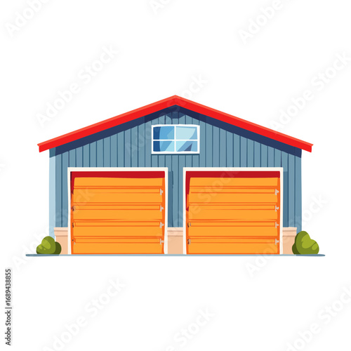 Cartoon garage building with two orange doors window and shrubbery against black background