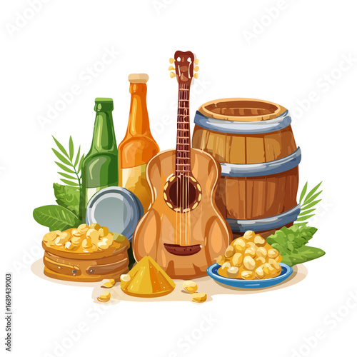 Acoustic guitar, drinks, and corn snacks arrangement - leisure time and relaxation concept.