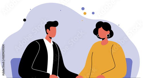 Two professionals in a modern illustration, engaged in a discussion or business meeting. Ideal for concepts of teamwork, partnership, and communication.