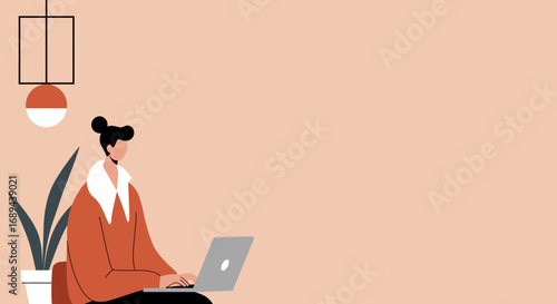Minimalist illustration of a person focused on their laptop in a modern home office. Represents remote work, education, and digital lifestyle.