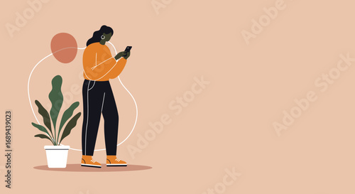 Stylish woman engaging with her smartphone in a modern, minimalist setting. Perfect for themes of digital communication, social media, and contemporary lifestyle.