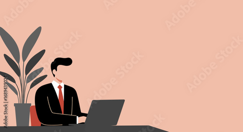 Professional businessman working on a laptop at a modern desk with a plant, representing productivity, remote work, and corporate life. Ideal for business, technology, and lifestyle content.
