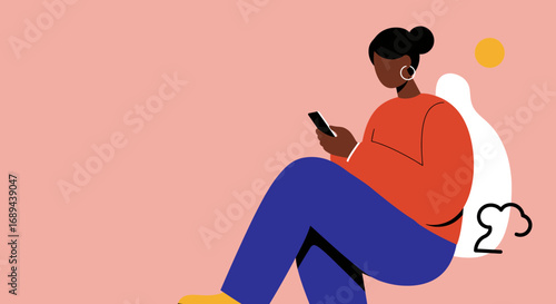 Stylish illustration of a woman relaxing while using her smartphone, ideal for concepts of digital lifestyle, social media, and modern communication.