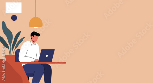 Man working on laptop in a modern, minimalist interior. Represents remote work, productivity, and digital lifestyle for business and education concepts.