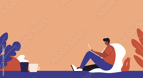 Young man working remotely on a tablet, enjoying coffee in a relaxed outdoor or cozy home setting. Ideal for themes of freelance work, digital lifestyle, productivity, and modern business.