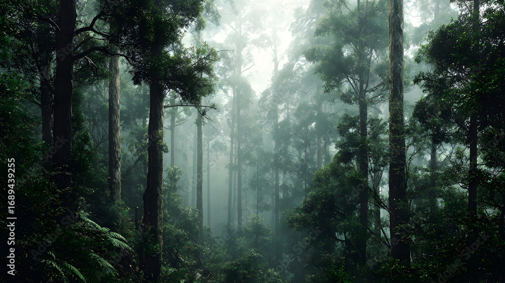 Obraz premium Misty Forest Path: Tranquil Nature Scene