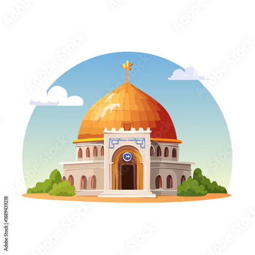Illustration of a golden domed building with a cross on top against a sky backdrop.