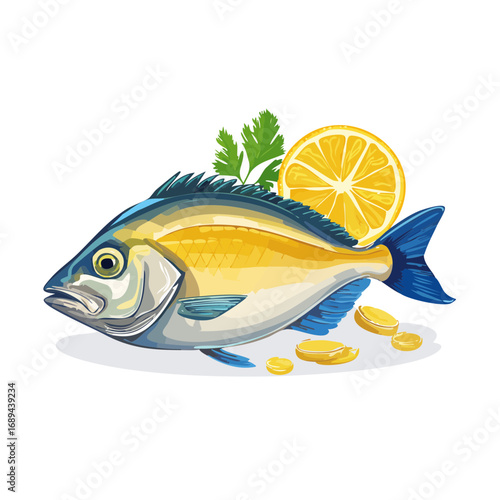 Fresh raw fish illustration with lemon and parsley sprigs on plate against black background