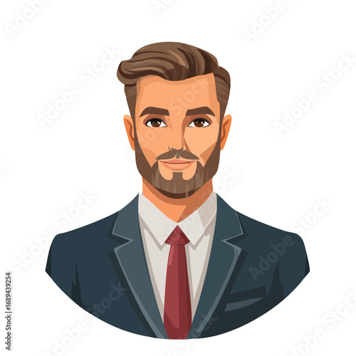 Illustrated portrait of a businessman wearing a suit and tie on a black background.