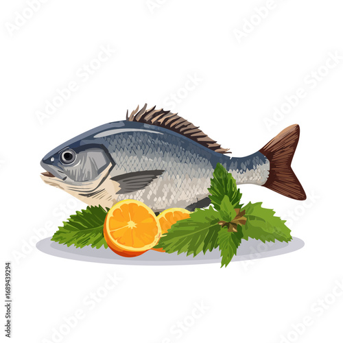 Prepared fresh fish with citrus fruit and herbs displayed on a plate Culinary food preparation healthy lifestyle gourmet meal