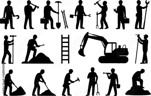 Construction Workers Silhouette Vector Graphic Bundle – Building and Labor Work Illustration
