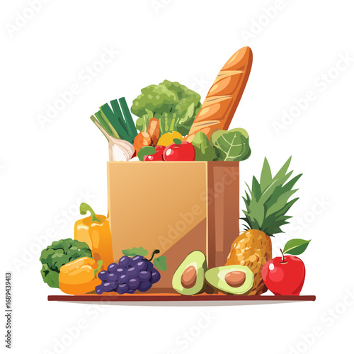Groceries in a paper bag fresh organic vegetables fruits supermarket shopping healthy nutrition balanced diet vector illustration