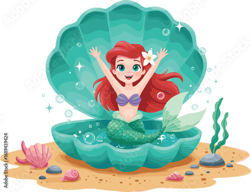 Art & IllustrationBeautiful, cartoon, mermaid, sitting, in, pink, seashell, underwater, scene, fantasy, ocean, theme, Ariel-inspired, illustration, sea, princess, colorful, aquatic, magical, fairytale
