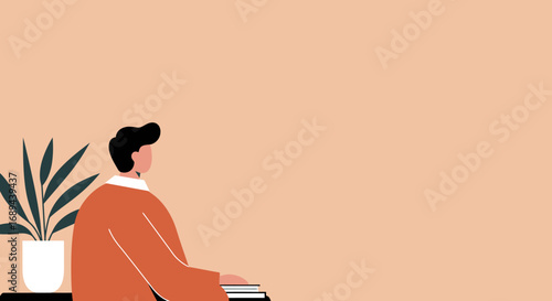 Minimalist illustration of a person sitting at a desk with a plant, offering a calm and focused atmosphere for work or study.