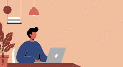 A man works remotely on his laptop in a modern home office setting, illustrating concepts of productivity, digital work, and a flexible lifestyle.