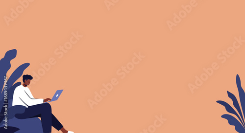 Man working on laptop in a calm, modern setting with plant elements. Ideal for remote work, digital lifestyle, productivity, and online education.
