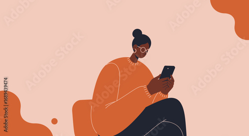 Focused person with glasses uses a smartphone, illustrating modern digital communication, social media, or online activity in a minimalist setting. Ideal for lifestyle.