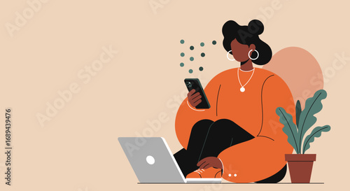 Woman effortlessly balancing work and digital life from home, using her laptop and phone. Ideal for themes of remote business, lifestyle, or online connectivity.