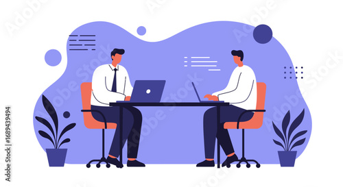 Two male professionals collaborating on laptops in a modern office, depicting teamwork, business strategy, and technology integration. Ideal for corporate communication or digital work concepts.
