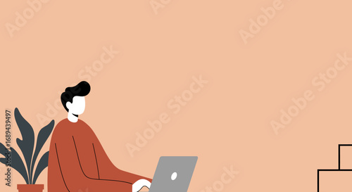 Person focused on a laptop, working or studying remotely in a minimalist home or office setting. Ideal for concepts of productivity and digital lifestyle.