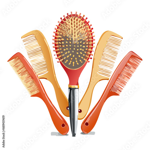 Hair care tools assortment styling combs and brush for beauty styling tools. Cartoon illustration with hair accessories for professional hairdresser