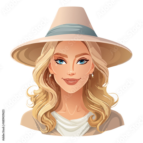 Cartoon portrait of a blonde woman wearing a sun hat. Fashionable blonde illustration.  Charming elegant woman digital art.