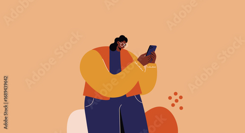 Modern illustration of a person engaging with their smartphone, representing digital communication, social media, and contemporary technology lifestyle.