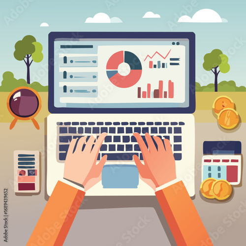 Analyzing Digital Insights: A person is meticulously working at a laptop. Various financial graphs, charts, and data are displayed, showcasing data analysis.
