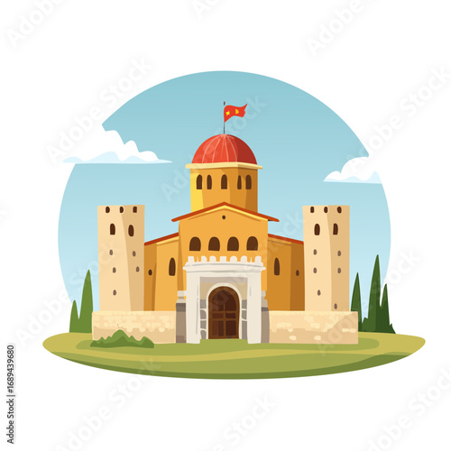 Cartoon illustration of a fortified castle palace landmark dome sky trees