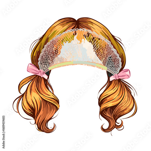 Whimsical Blonde Hair with Lace Cap and Pink Bows Illustration