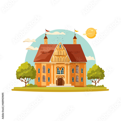 Cartoon illustration of an old European style building with flags and sunshine daytime exterior design vector