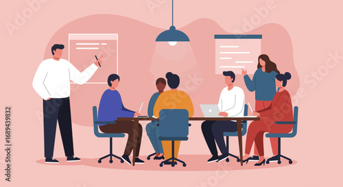 A diverse business team collaborates during an office meeting, discussing strategy and ideas. Ideal for themes of teamwork, professional development, and modern corporate environments.