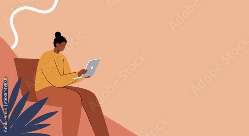 Modern flat design illustration of a woman focused on her laptop, depicting remote work, online education, or personal digital tasks.