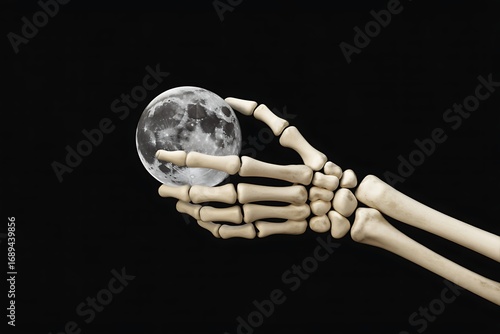 A skeletal hand delicately holding a full moon against a backdrop of deep black darkness creating a surreal and imaginative conceptual scene.