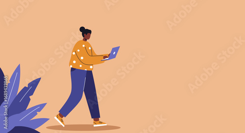 Illustration of a woman walking and working on a laptop, symbolizing remote work, digital connectivity, and mobile productivity. Ideal for business, technology, and lifestyle concepts.